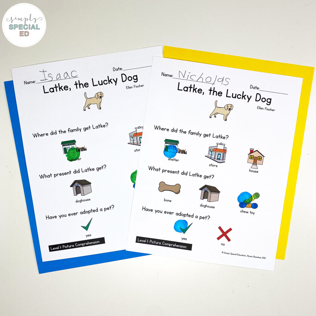 Activities for Latke, the Lucky Dog and introducing Hanukkah food and activities to your special education classroom. 