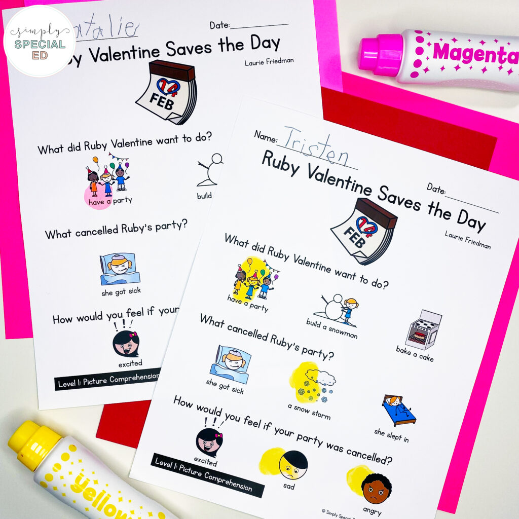 The perfect book activities for Valentine's Day! Ruby Valentine Saves the Day adapted book activities for special education classrooms.