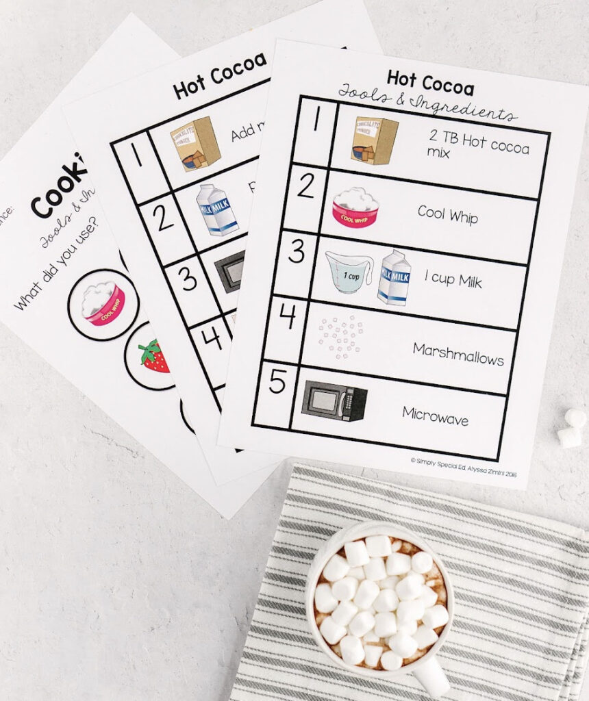 hot cocoa visual recipe and a mug with hot cocoa and marshmallows in it