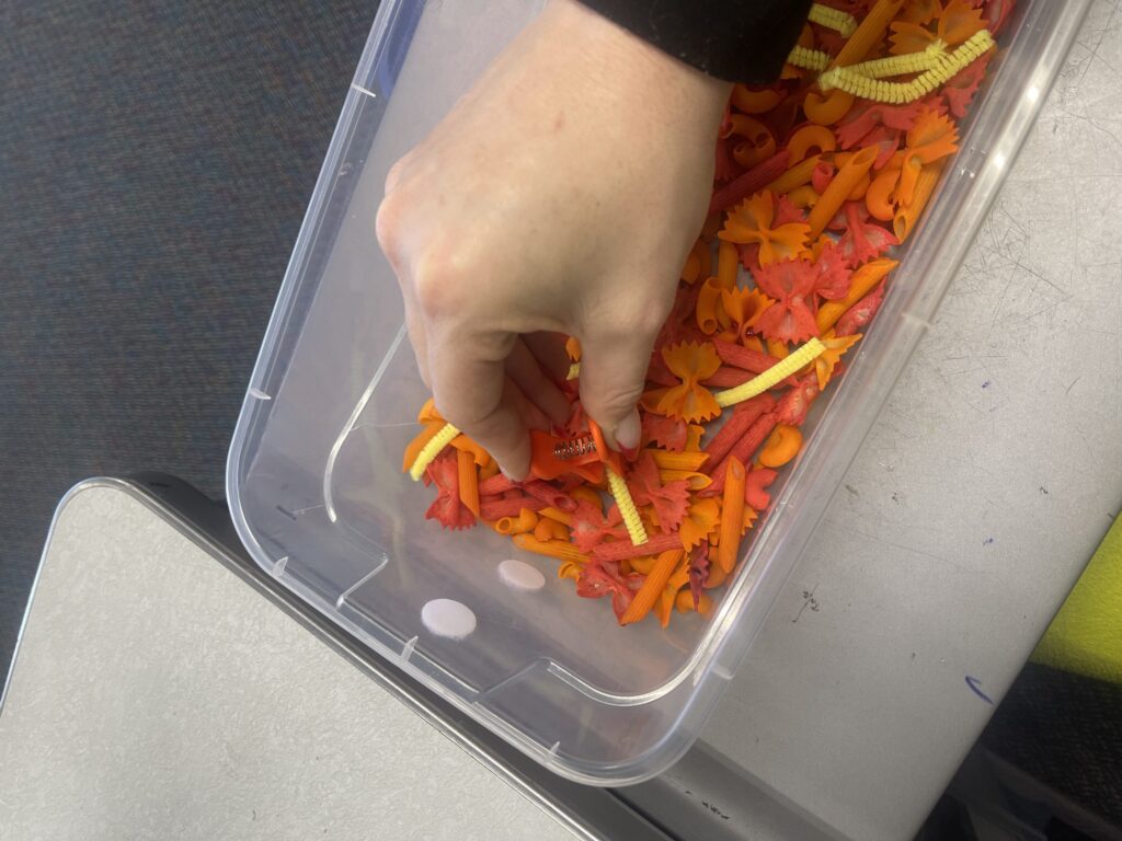 Using a jumbo tweezer to pick up a yellow pipe cleaner that is in a plastic bin with yellow and orange died noodles.
