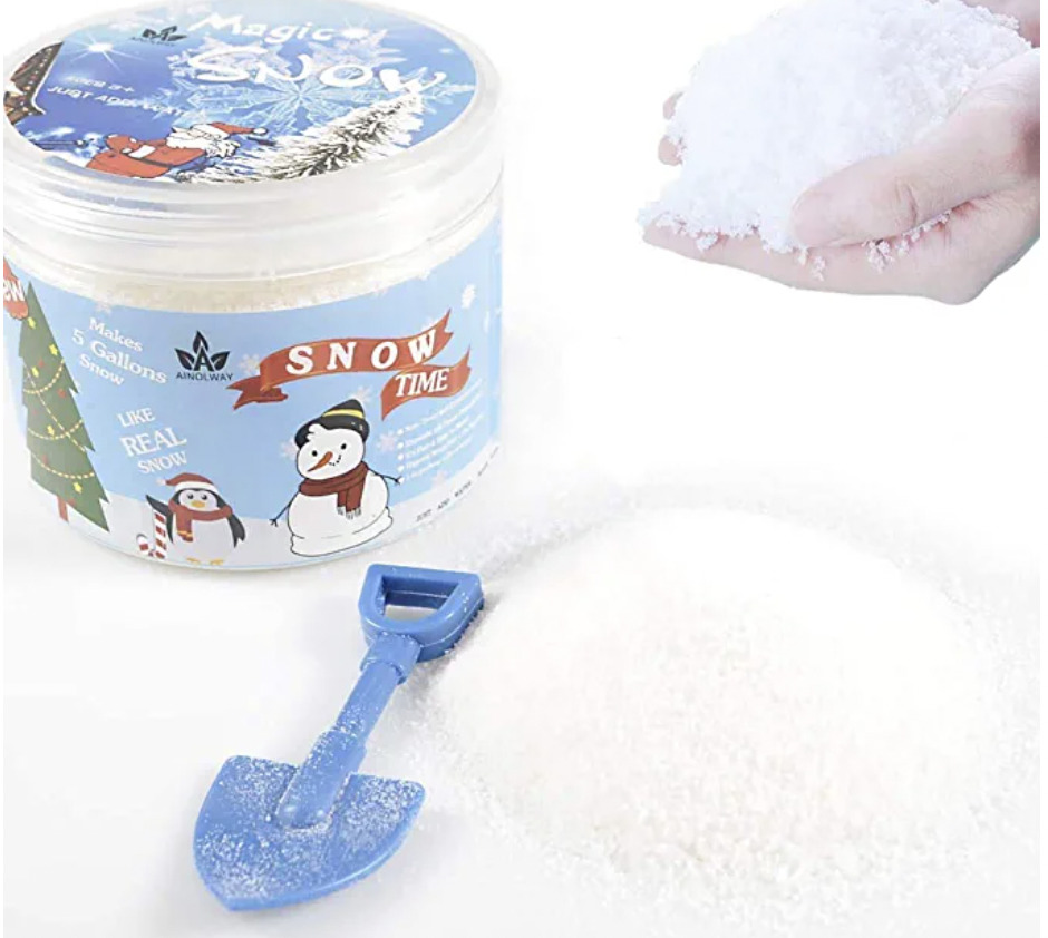 Fake snow that is being used with a shovel.
