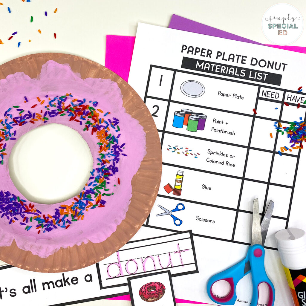Donut paper plate craft is pictured with matching visual directions
