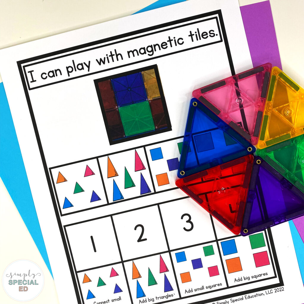 "I can play with magnetic tiles" play center visuals resource with magnetiles