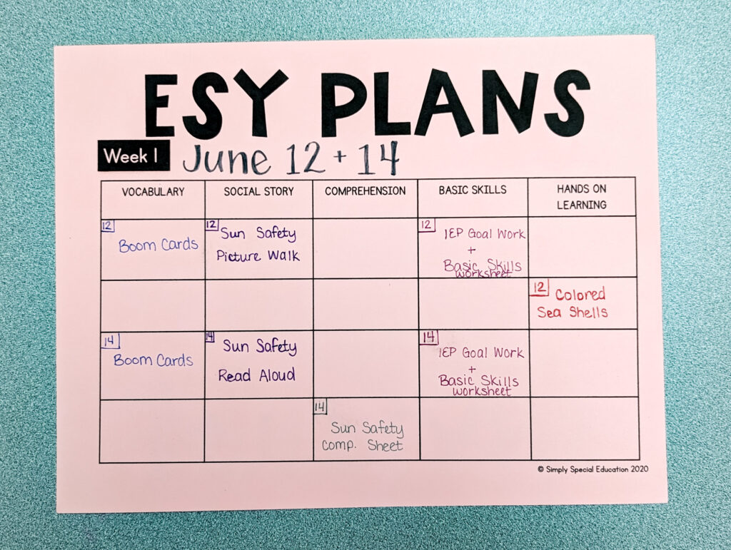 ESY weekly schedule