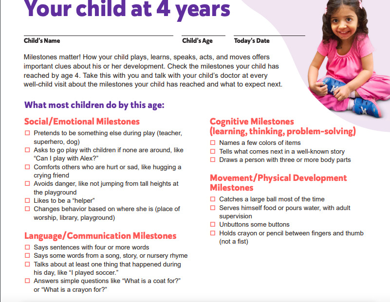 CDC Developmental checklist for 4 year olds
