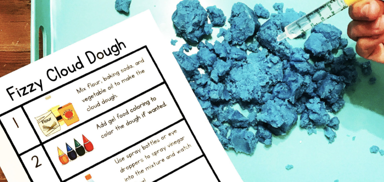 fizzy cloud dough sensory recipe and someone using an eye dropper to drop clear liquid onto turquoise dough pieces