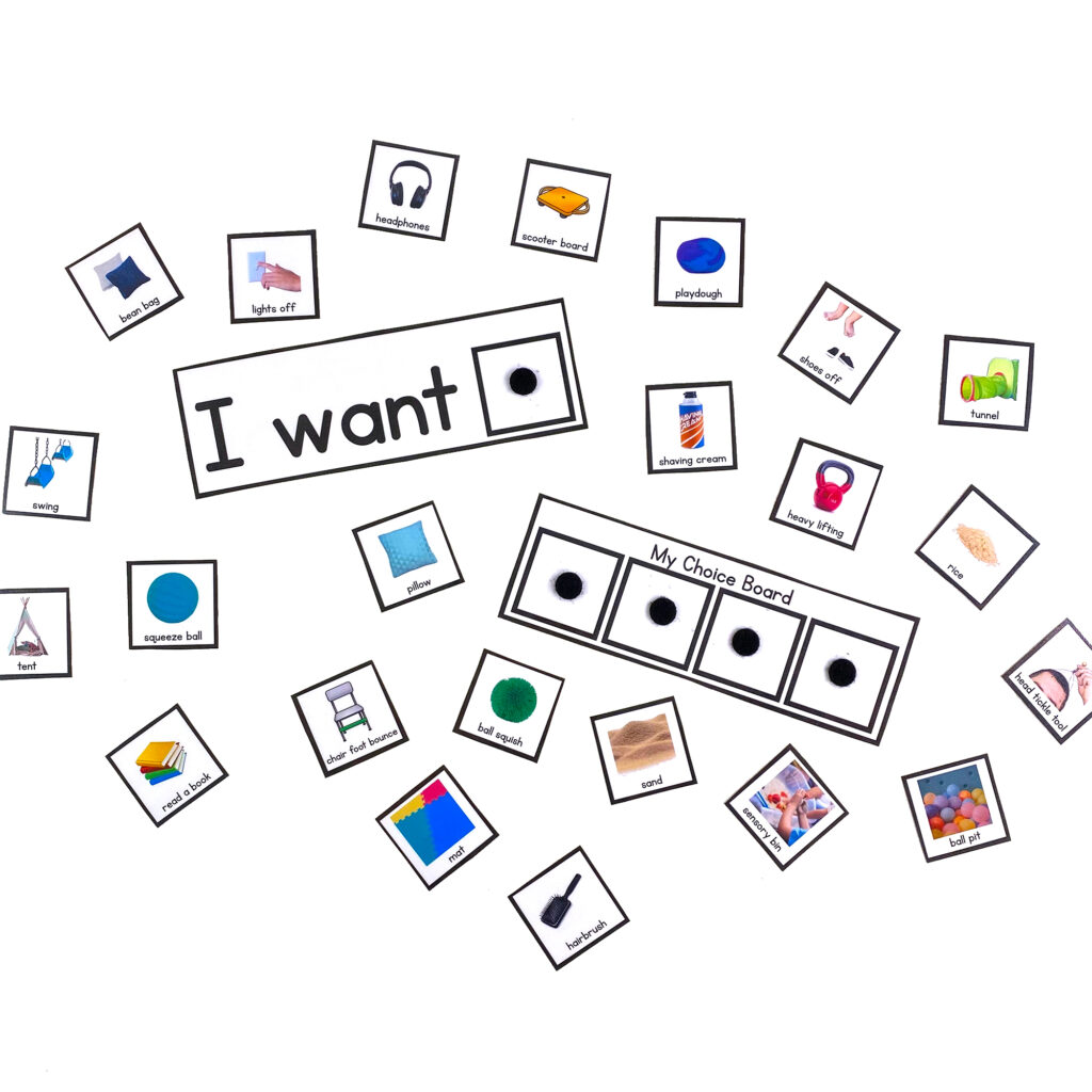 "I want" Sensory Self Regulation Board and "My Choice Board" surrounded by a variety of visual request cards such as bean bag, ball squish, tent, shaving cream, heavy lifting, etc.