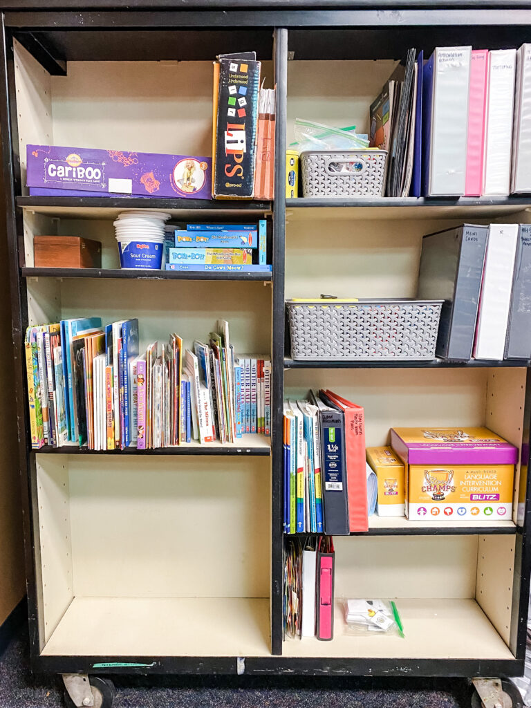 Binders, flashcards, and books organized on a bookshelf for easy access
