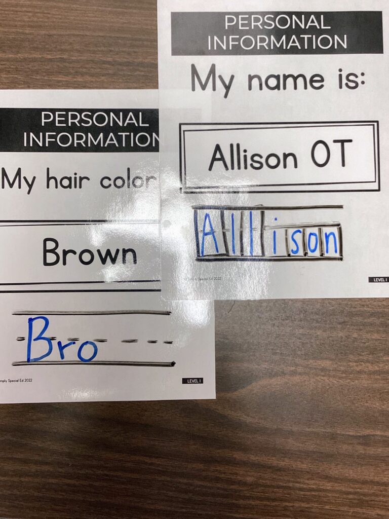personal information forms adapted to work on handwriting.  My name is: Allison OT, My hair color is: Brown