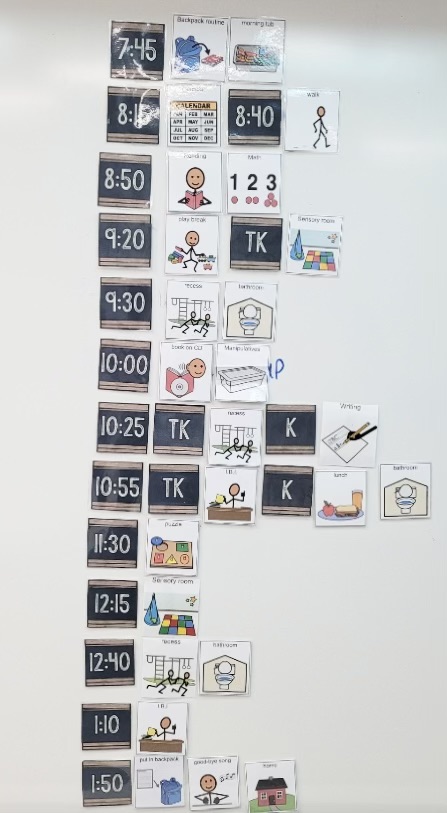 autism classroom schedule with picture icons and times listed