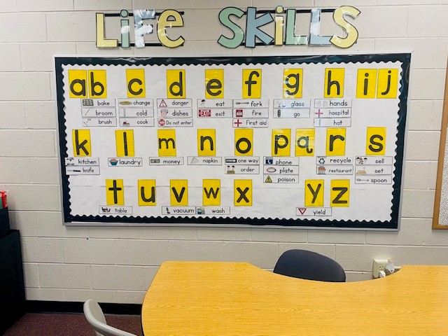 A life skills bulletin board with the letters of the alphabet and word cards