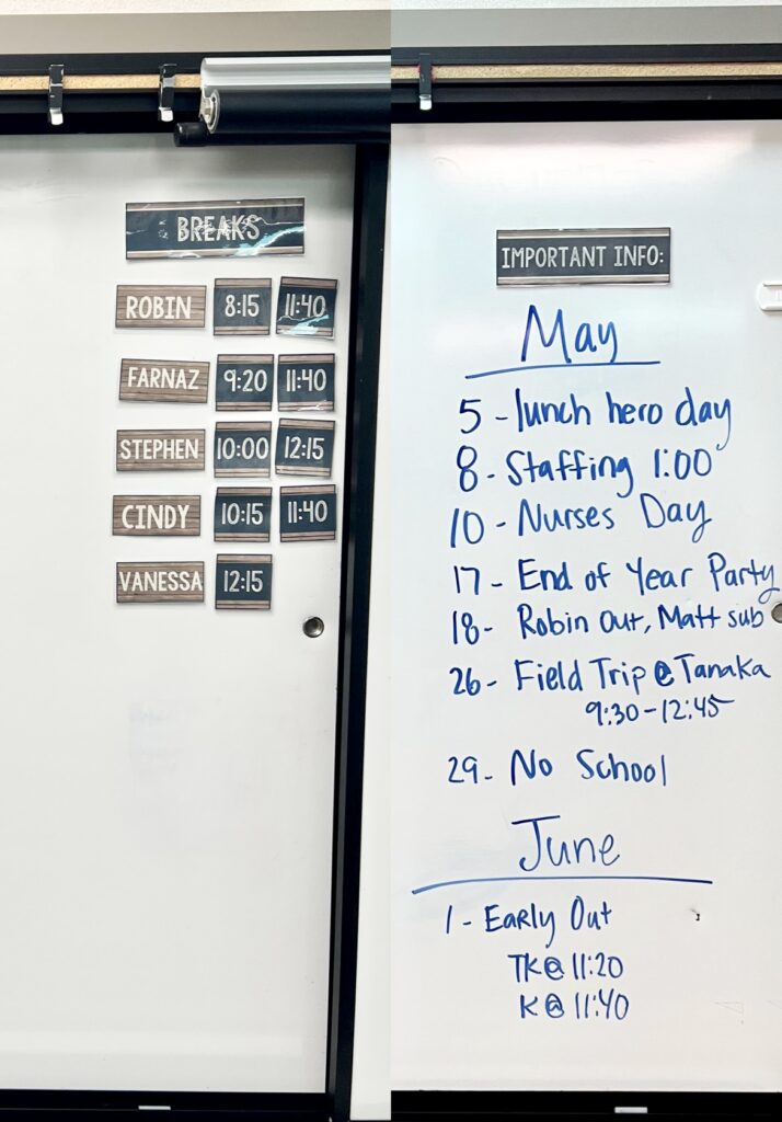 Staff break times listed and a list of important information are part of the daily schedule for Kindergarten autism.