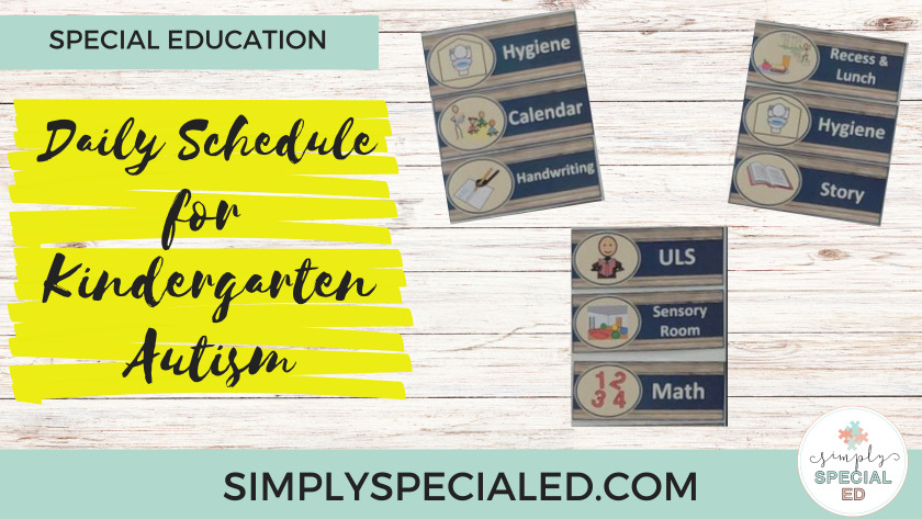 Pictures depicting daily schedule for kindergarten autism for activities like Calendar, Math, Recess and lunch.
