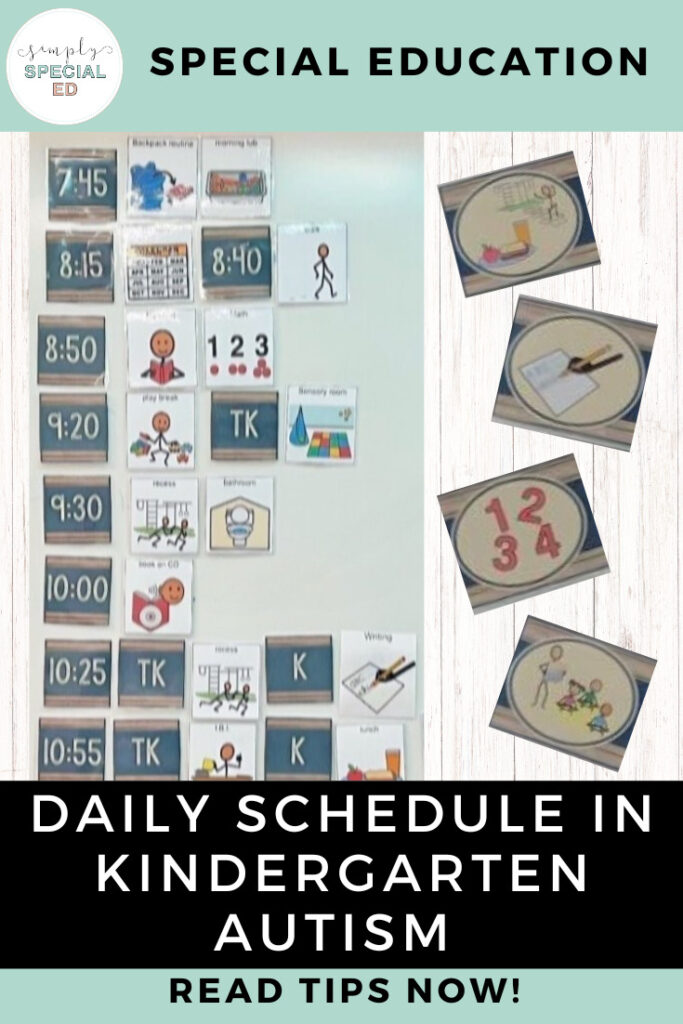 Example of daily schedule for kindergarten autism with times listed with their corresponding picture icon. 