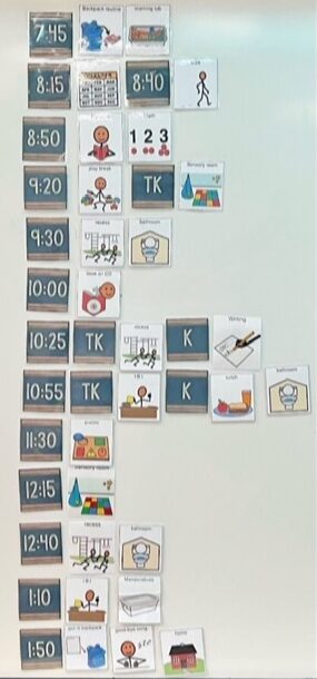 Listed times of day with picture icons next to it for daily schedule. Students with autism refer to this visual.