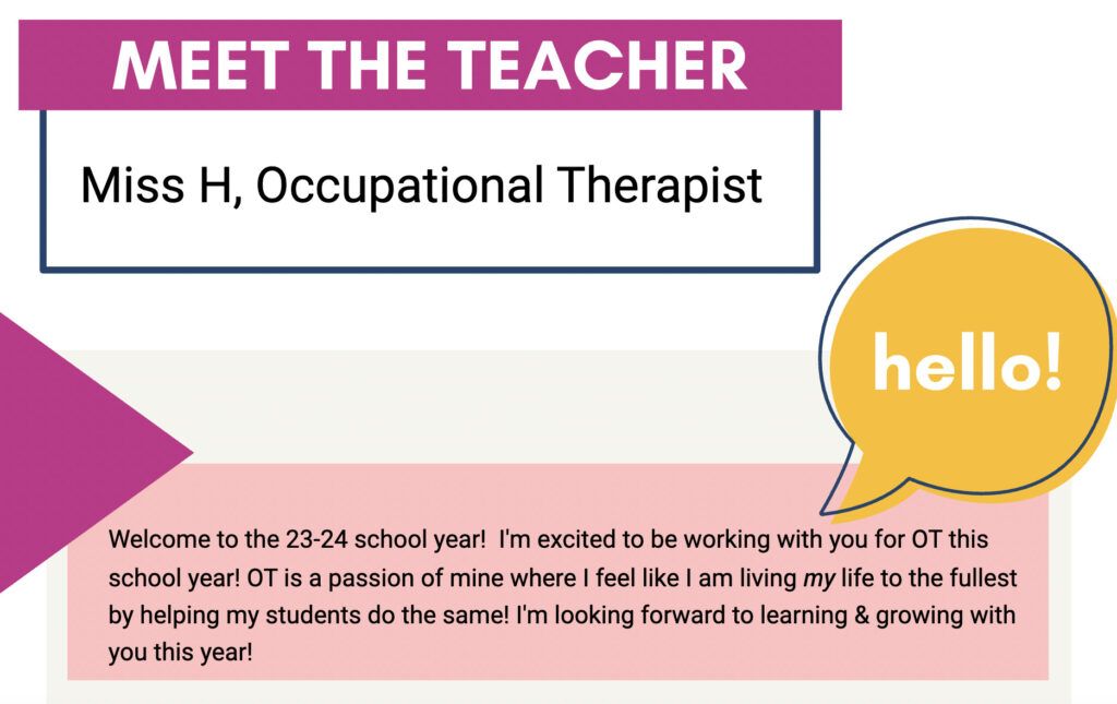 screenshot of the "meet the teacher" welcome letter introducing the OT, Miss H