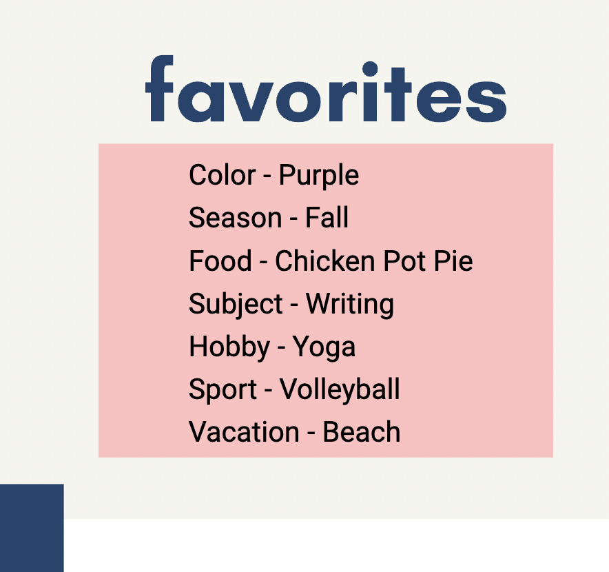 back to school welcome letter "favorites" section filled in for the occupational therapy teacher