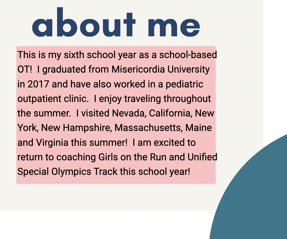 back to school welcome letter "about me" section filled in for the occupational therapy teacher