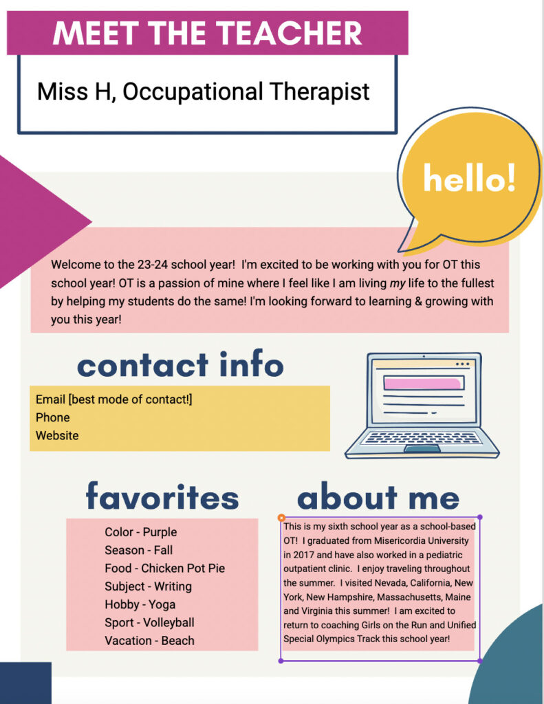 entire back to school welcome letter  filled in for the occupational therapy teacher