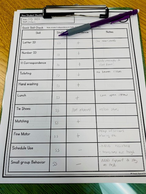 Black and white new student checklist data sheet on a clipboard