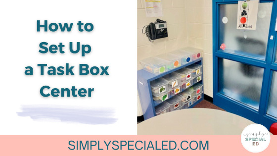 Task box center header image, showing a table in front of a bookshelf with plastic task boxes