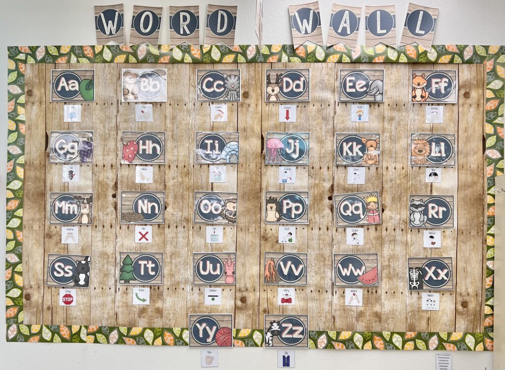Word wall showing letters A to Z with a picture icon core word under it. 