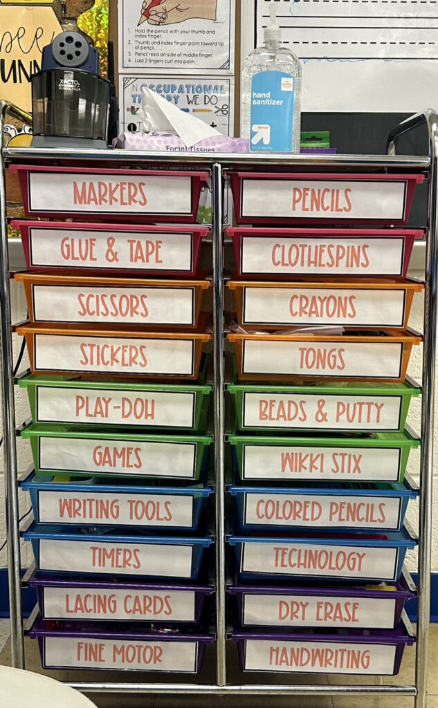 20 drawer cart with each drawer labeled with OT materials