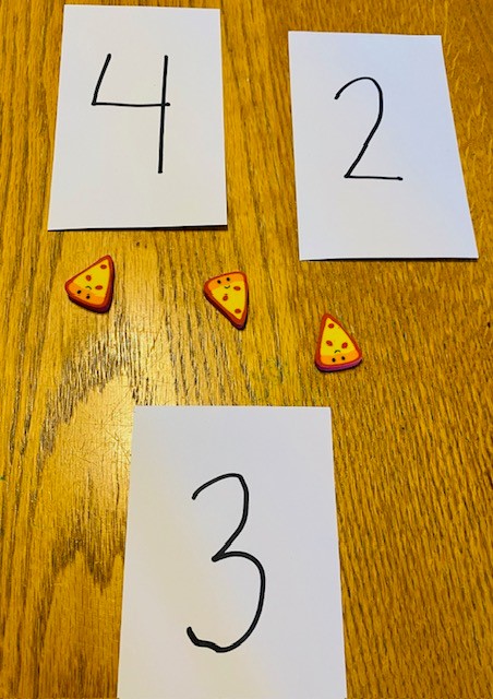 White cards with the numbers 4, 2, and 3, with three small erasers. The card with the digit three is positioned closest to the front.