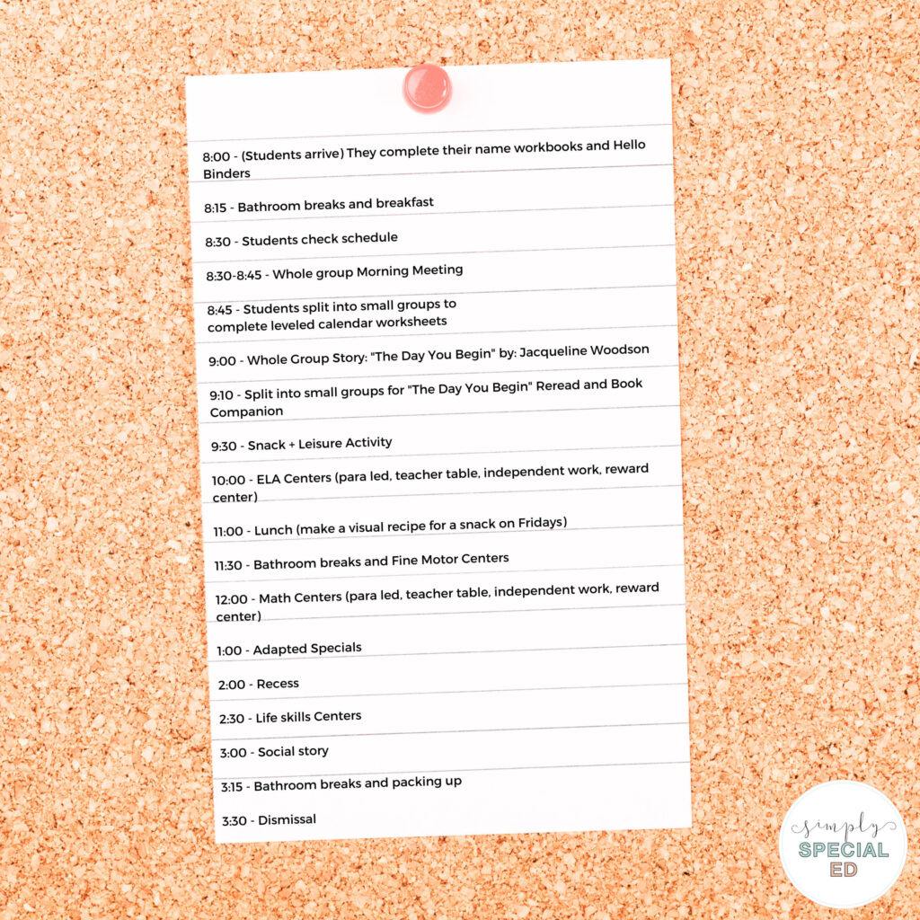 daily schedule with times and activities