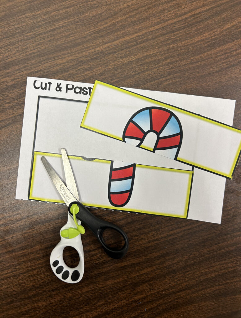 candy cane cut and paste fine motor sheet with adapted scissors