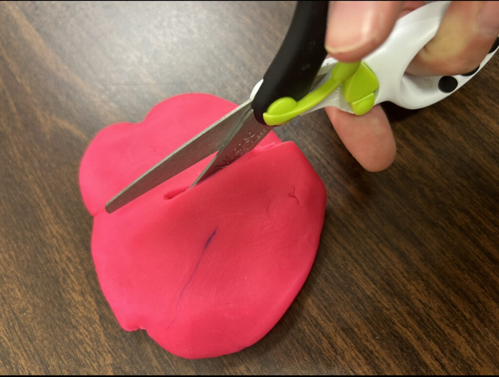 adapted spring loaded scissors cutting pink play dough