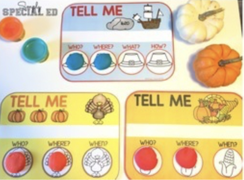 Tell Me! Comprehension Play Dough Mats: November Edition resource with who? where? when? questions on cards with play dough covering the answers. 