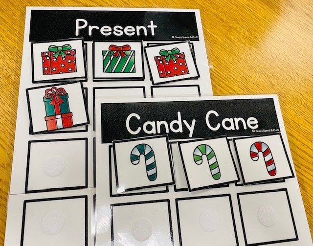 Two sorting sheets are shown, one for presents and one for candy canes. 