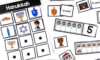 Activites from the December Task Box 4-Pack are shown, including a Hanukkah sort, dreidel adn fireplace word cards, and a wreath ten-frame.