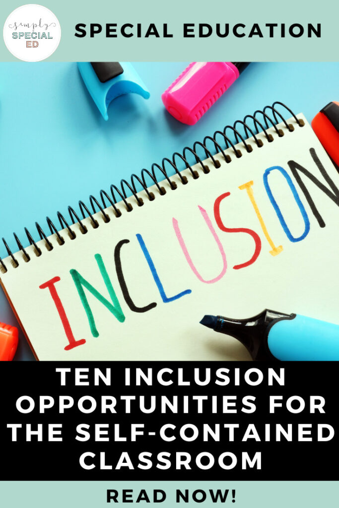 A blue background showing a notebook surrounded by markers. On the notebook page is the word "INCLUSION" written in colorful letters.