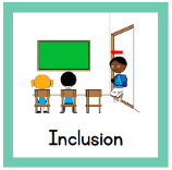 A visual schedule card with a light blue border reads "Inclusion" and has an illustration of a student entering a classroom.