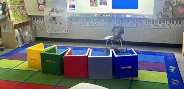 Set up for our afternoon meeting. Cube chairs awaiting students as they arrive.