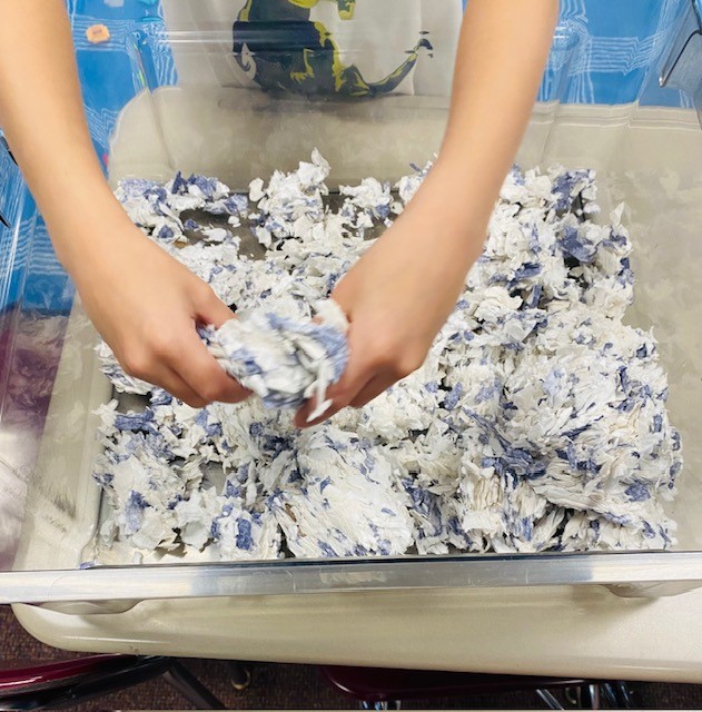 A clear plastic bin is shown on a desk. Inside the bin is white and gray hamster bedding. A child's hands are shown adding the bedding to the bin.