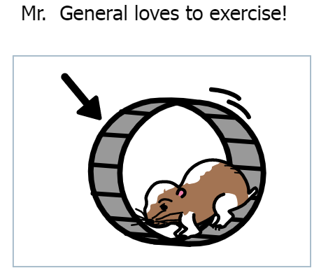 A Boardmaker image of a hamster in a wheel with the caption "Mr. General loves to exercise!"
