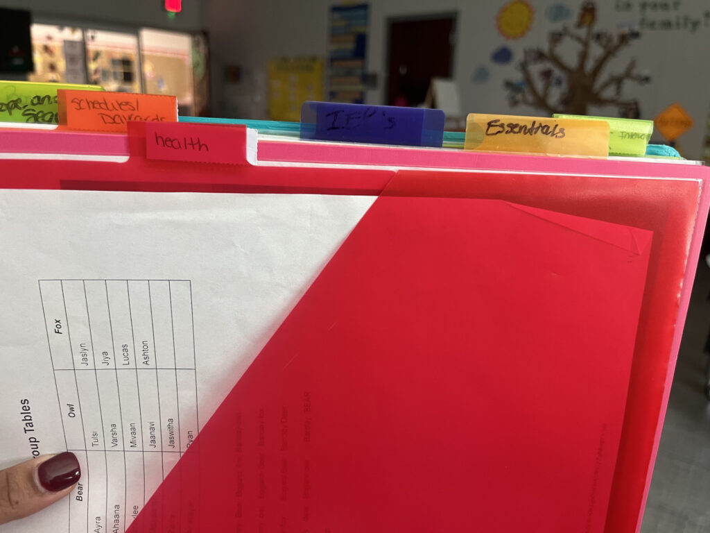 Substitute Binder tabs- health, schedules,IEP;s ( at a glance), Scope and sequence, essentials, and extra work tab