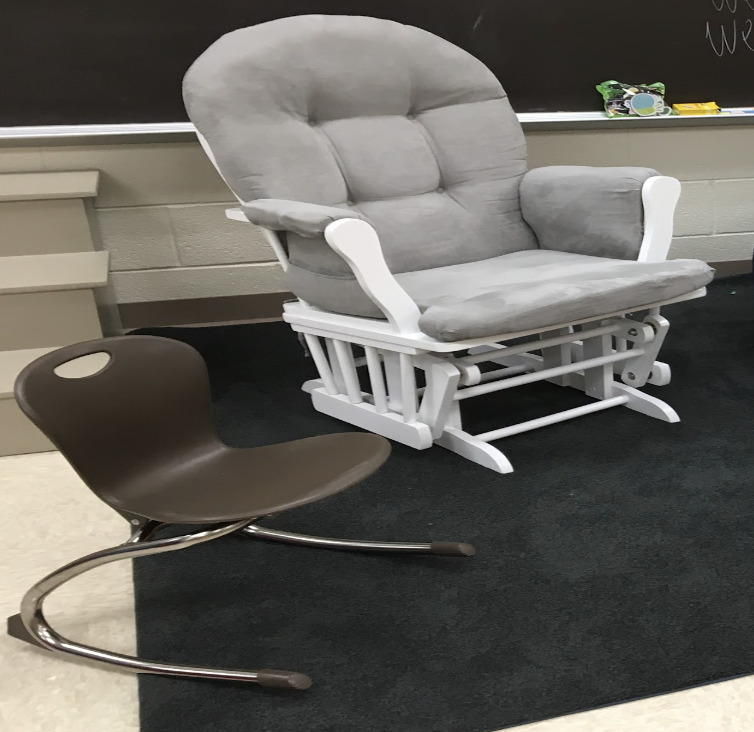traditional padded rocking chair/glider and small Zuma rocking chair as flexible seating options