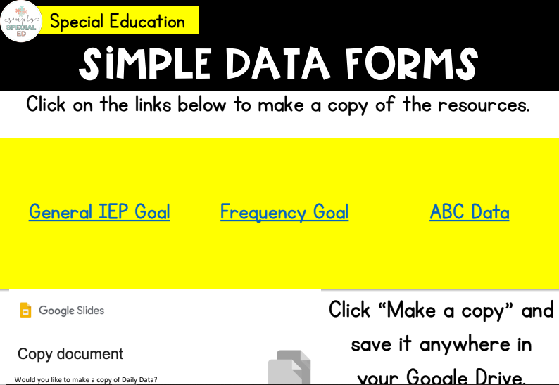 Image shows a screenshot of a black, white, and yellow page titled "Simple Data Forms."