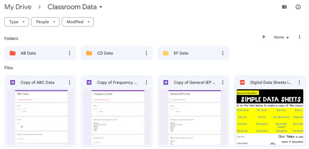 Screenshot of a Google Drive folder  with data forms.