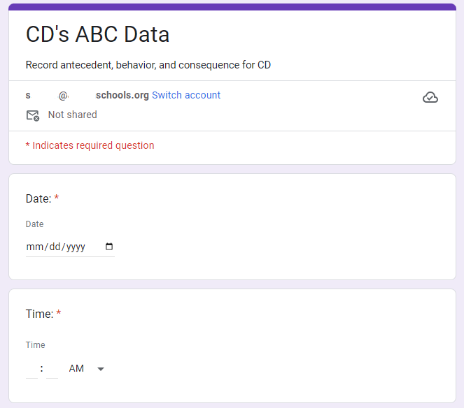 Screenshot of a Google Form titled "CD's ABC Data"