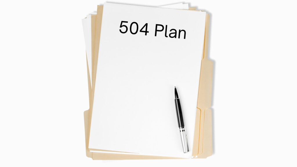 image of a document with the words "504 plan" stated.