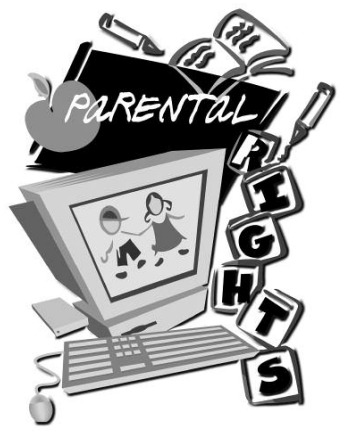 A black and white graphic that reads "Parental Rights,: and has an image of a computer with children on the screen.