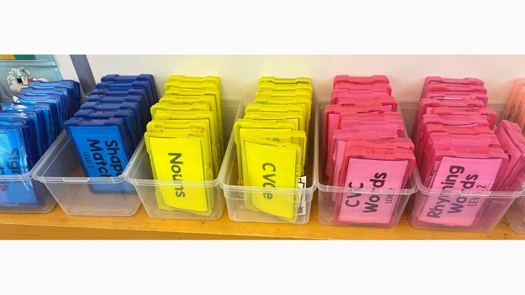 Photo of photo boxes used to hold task cards