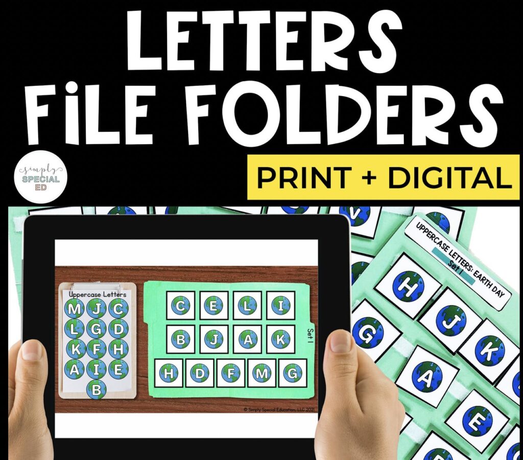 free letter file folders with Earth Day theme and uppercase letters on an iPad and the print/velcro version