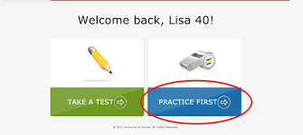A computer screen that says "Welcome back, Lisa 40!" Under the text are two buttons that say take a test, and practice first.