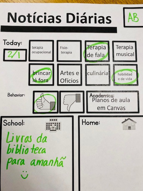 A daily home communication log that has been translated into Portuguese.